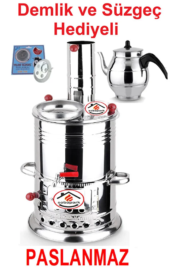 Tek Musluklu Odunlu Kömürlü Çay Semaveri Odunlu Kömürlü Semaver - 5 Litre - Demlik 1 Litre